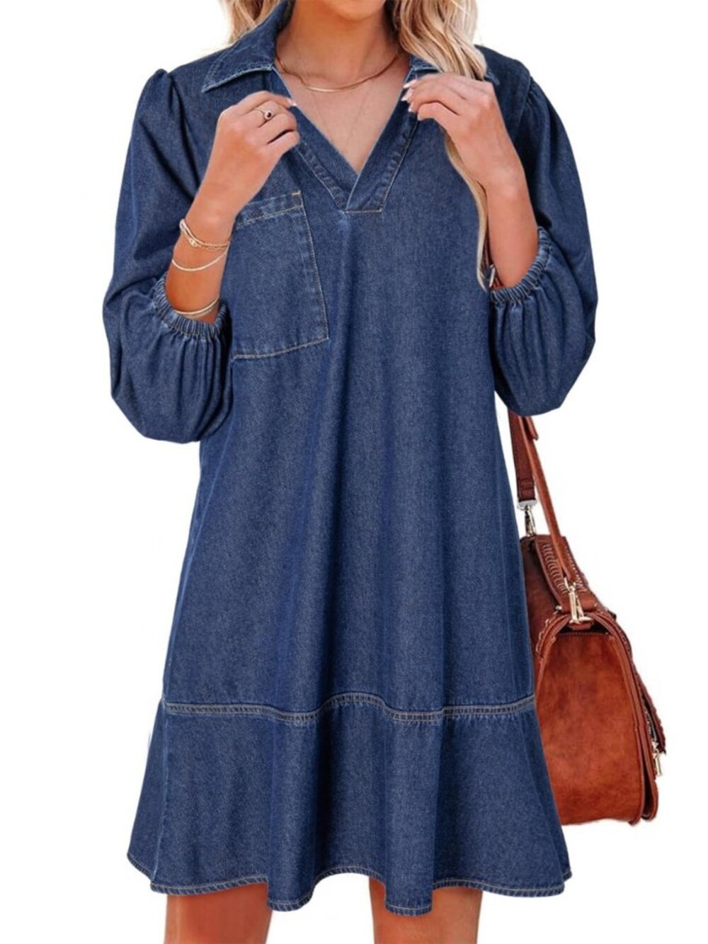 Denim Dress for Women Fall 3/4 Puff Sleeve Babydoll Jean Dress